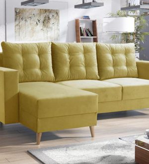 Corner Sofa Bed "BERGAMO" strong , french VELVET,  Yellow